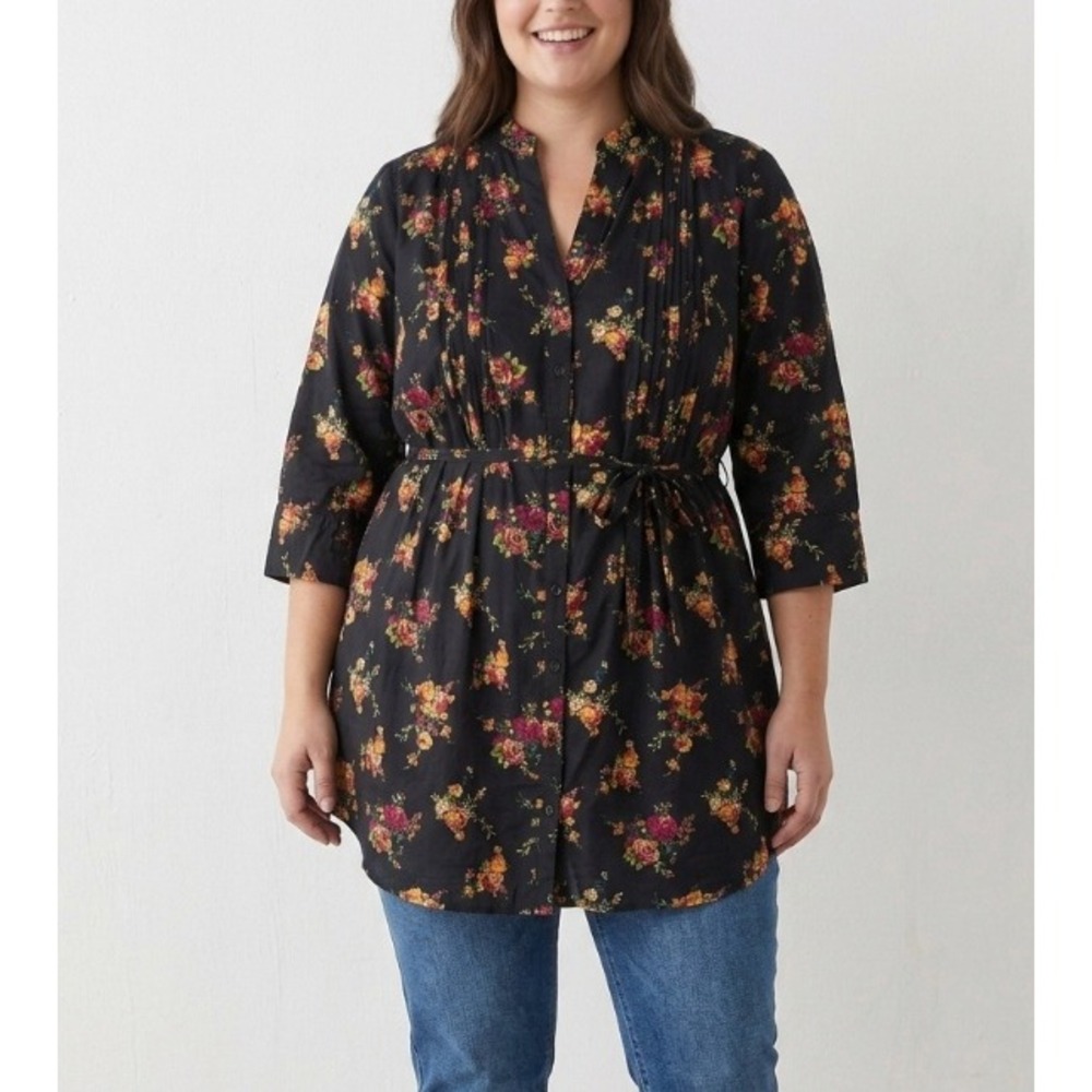 Pure Energy Black Floral Cotton Pintuck Tunic Blouse Plus Size 1 3/4 Sleeve Boho